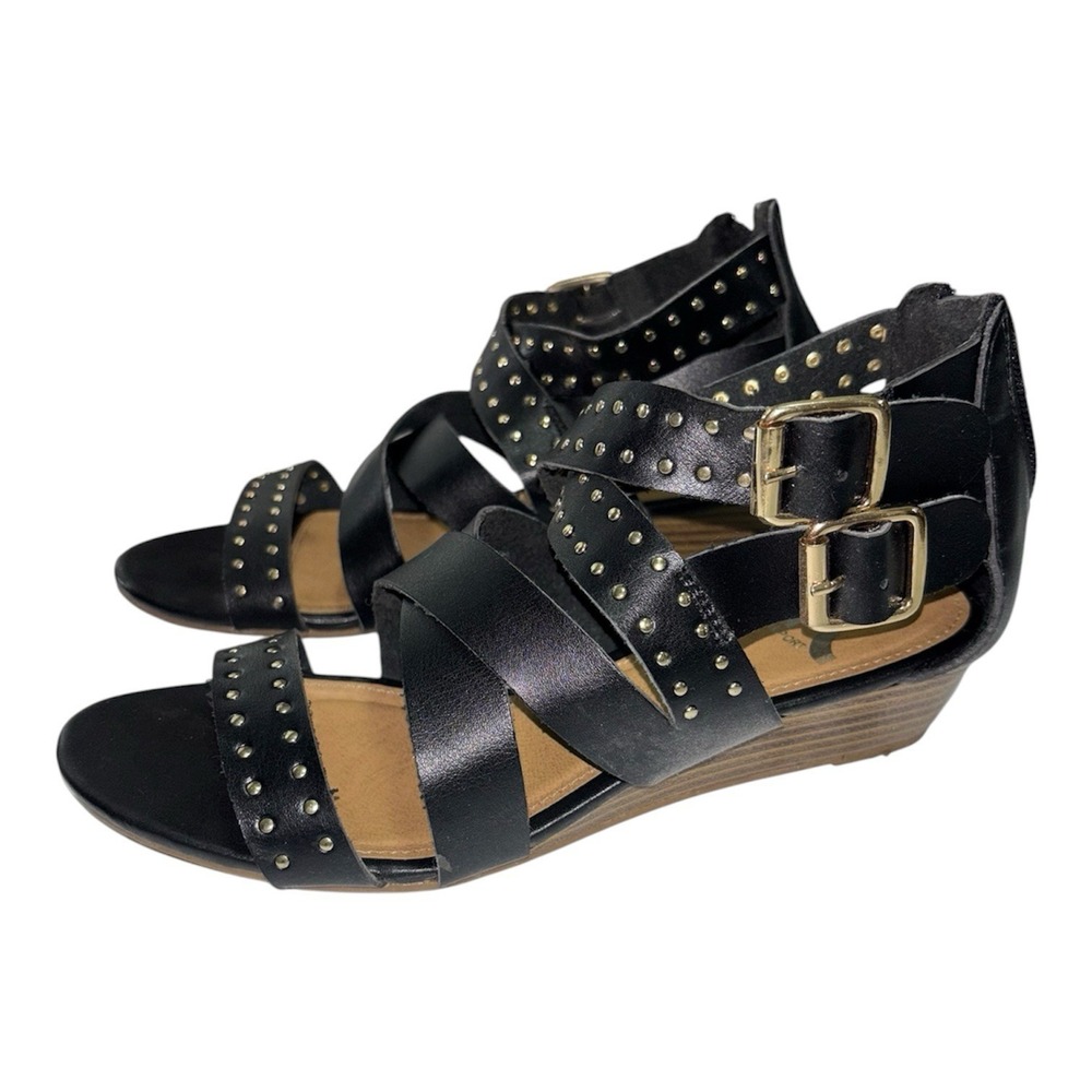 Report Womens‎ Size 7 Strappy Wedge Sandals Black Gold Studs Buckle Zip Shoes